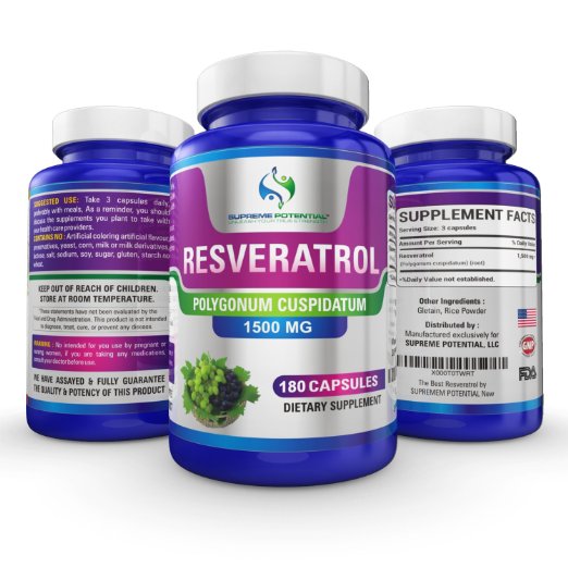 The Best Pure Resveratrol on Amazon by Supreme Potential ® 1500mg::180 Capsules::60 Day Supply.