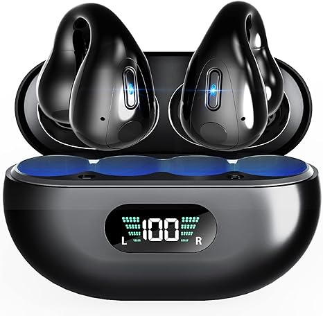 Open Ear Headphones, Clip On Wireless Earbuds Bluetooth 5.3, Sports Ear Buds with ENC Mic, 36 Hours HIFI Earpods with LED Display Charging Case, IPX7 Waterproof Running Earphones