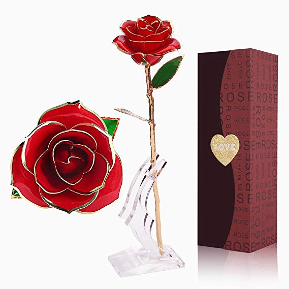YINXN 24k Gold Rose, Red Gold Plated Rose 24k Gold Dipped Rose Everlasting Long Stem Real Rose with Exquisite Holder, Unique Romantic Gift for Valentine's Day, Anniversary, Birthday and Mother's Day