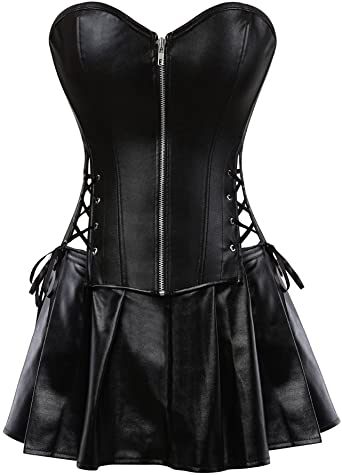 frawirshau Faux Leather Corset Dress Corsets for Women Sexy Bustier Lingeire Corset Skirt Costume
