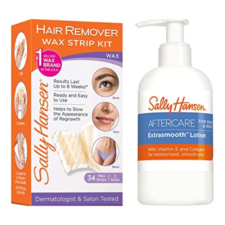 Sally Hansen Aftercare lotion   sally hansen hair remover wax strip kit for face, brows & bikini, 34 strips (17- double sided strips), 0.62 Fl Oz