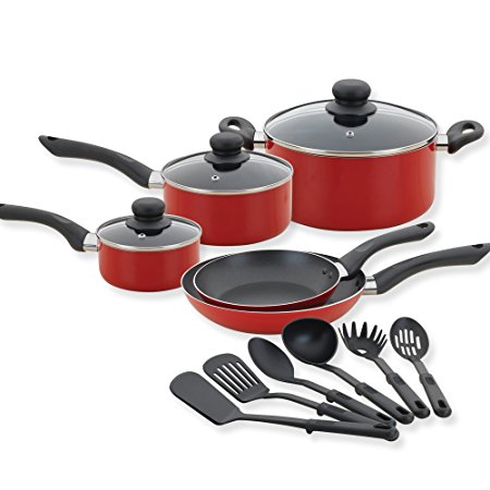 Betty Crocker 80180 14 Piece Cookware Set- Kitchen Pots and Pans Set Nonstick with Cooking Utensils - Non Stick Cookware Set PTFE and PFOA Free Basics Pots and Pans - Red