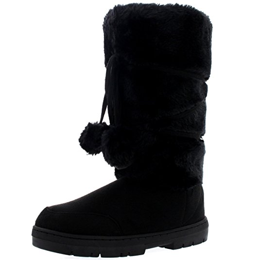 Womens Pom Pom Tall Rain Fur Lined Snow Winter Flat Waterproof Lace Up Boots