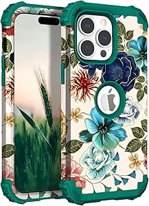 Hocase for iPhone 15 Pro Max Case, Heavy Duty Shockproof Protection Soft Silicone Rubber Bumper Hard Plastic Hybrid Protective Case for iPhone 15 Pro Max 6.7" 2023 - Teal Flowers