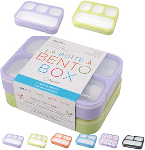 Bento Box for Kids Lunch-Boxes for Women Adults Girls Boys |Portion Snack Containers for Toddlers Pre-School Day Care Work Lunches BPA Free | 4 Compartments, Purple Green-Yellow, 2 pack