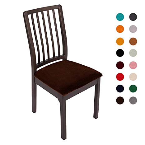 Soft Velvet Stretch Fitted Dining Chair Seat Covers, Removable Washable Anti-Dust Dining Room Upholstered Chair Seat Cushion Cover Kitchen Chair Protector Slipcovers with Ties - Set of 2, Coffee