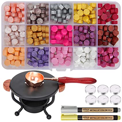 Wax Seal Kit, WEWINK CUKOO 310 Pcs Wax Seal Stamp with 15 Colors Wax Sealing Beads, Wax Stamp Warmer, Wax Seal Spoon, Tea Candles and Metallic Pens for Vintage Envelopes Letters Crafts