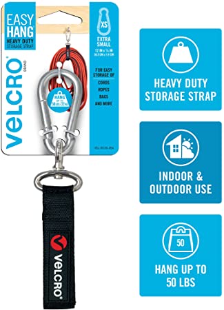 VELCRO Brand VEL-30196-USA Easy Hang Strap with Carabiner Clip Attach Water Bottles and Accessories to Bikes, Bags and More | Organization for Garden, Shed, RV, Extra Small - up to 50 lbs, Black