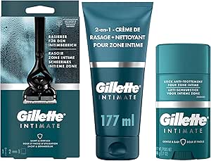 Gillette Intimate Rasoir Pour Homme avec 2 Lames de Rechange   Stick Anti-Frottement Pour Zone Intime   Gillette Intimate 2-En-1 Crème De Rasage   Nettoyant