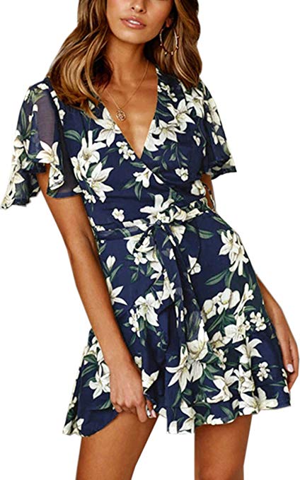 Angashion Women's Floral Short Sleeve Wrap V Neck Ruffle Mini Dress with Belt