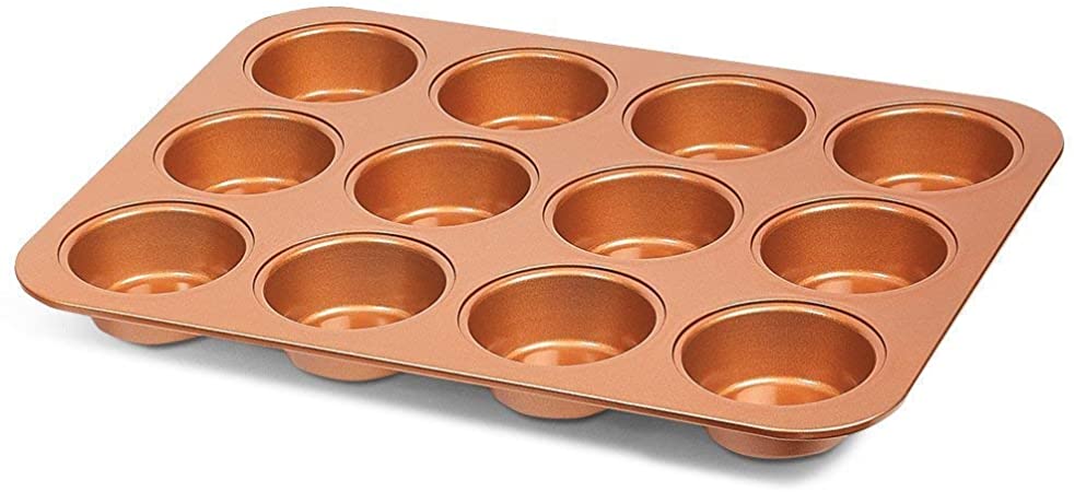 Non Stick Ceramic Coated Copper Professional Healthy 12 Cup Cake and Muffins Baking Pan Sheet, Oven and Dishwasher Safe (COPPER 12-CUP BAKING PAN)