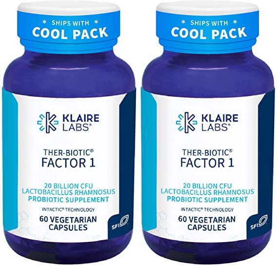 Klaire Labs Ther-Biotic Factor 1 Probiotic - Dairy-Free Lactobacillus Rhamnosus Single Strain - 20 Billion CFU - Gut   Immune Support L Rhamnosus Probiotics - Hypoallergenic (60 Capsules, 2 Pack)