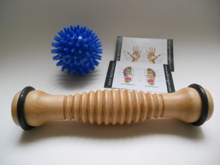 Touch Me (TM) Wooden Foot Roller and Porcupine Massage Ball and Reflexology charts, Foot Massager Combo for reflexology, Feet Relief (Massage Ball for Neck/Back Tension Relief) (Free Shipping)