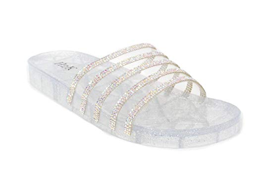 H2K Womens Wide Rhinestone Clear Band Glitter Sole Slide Sandals (Adults)