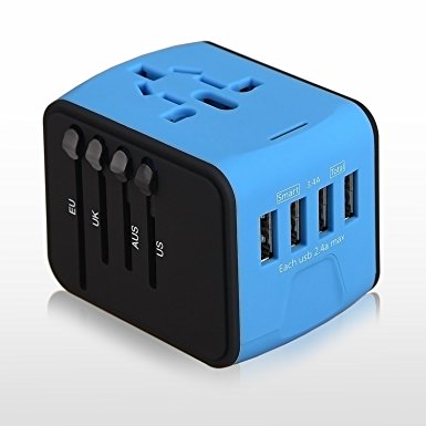 International Power Adapter, All In One World Universal Travel Plug Adapter with 4 USB Ports, Converters and Travel Adapters for Europe UK US AU & Asia - Safety Fused (4USB-Blue)