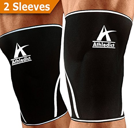 Knee Sleeves Compression Support - For Weightlifting CrossFit Squats Performance Increase & Pain Relief (1 Pair) 7mm Neoprene Brace For Men and Women - By Athledict™ with