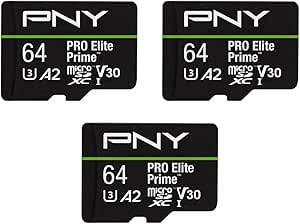 PNY 64GB PRO Elite Prime Class 10 U3 V30 A2 microSDXC Flash Memory Card - 200MB/s, Class 10, U3, V30, A2, 4K UHD, Full HD, UHS-I, Micro SD 3-Pack