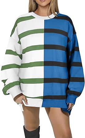 Zeagoo Womens Striped Oversized Sweater 2024 Crew Neck Long Sleeve Knitted Color Block Casual Loose Pullover Top