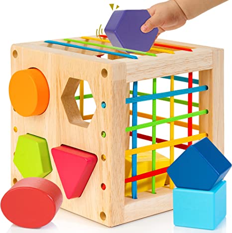 Winique Wooden Shape Sorter Cube, Montessori Toys for 1 Year Old, 8pcs Colorful Multisensory Shapes, Developmental Learning Toy for Baby Girls Boys, 1st Birthday Gift
