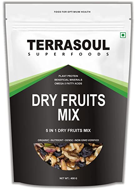 Terrasoul Superfoods Dry Fruit Mix High Fiber, Energy Boosting, Plant Protein, Healthy Diet 5 in 1 Dry Fruit Mix, Almond, Cashew, Walnut, Black Raisin, Green Raisin, Pitachios (400gm)