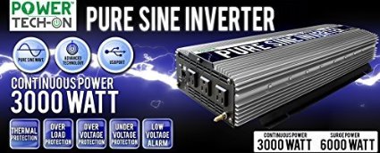 PowerTech On Advanced Technology PURE SINE WAVE Inverter 3000W Cont/6000W Peak, 12V DC to 120V AC w/ Black&Red Cables w/Ring Terminals, Remote Switch, Protection System & 4 Output Sockets - PS1004