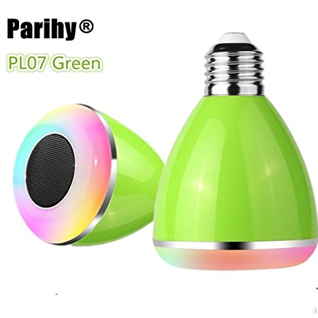 Smart LED Light Bulb Speaker, Parihy Bluetooth 4.0 E27 Bulb with Music Player, Dimmable Color Changing Bedside Desk Lights Bar Sinks Play Bulb- Smartphone and IR Remote Controlled(PL-07,Green)