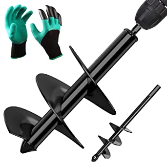 BLIKA 4" x 12" and 1.6" x 9" Auger Drill Bit for Planting, 2 Pcs Black Garden Auger Set, Plant Flower Bulb Auger with Garden Genie Gloves, Bulb Bedding Digging Post Hole Planting Tool Earth Auger