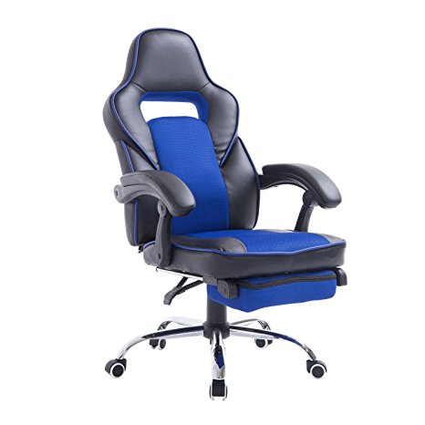 HomCom Race Car Style High Back PU Leather Reclining Office Chair with Footrest - Blue and Black