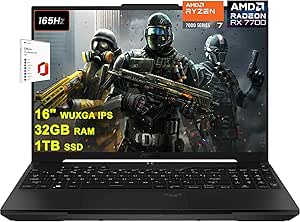 ASUS TUF Gaming A16 Laptop 16" WUXGA 165Hz 100% sRGB AMD 8-core Ryzen 7 7735HS 32GB RAM 1TB SSD Radeon RX 7700S 8GB (&gt;RTX4060) Backlit USB4 Fast Charge AI Noise Cancelation Office2021Pro Win11