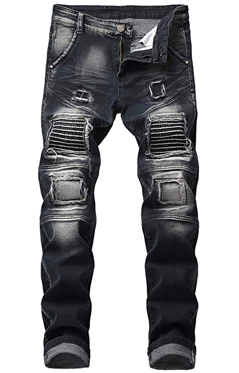 Aiyino Men's Ripped Slim Straight Fit Biker Jeans with Zipper