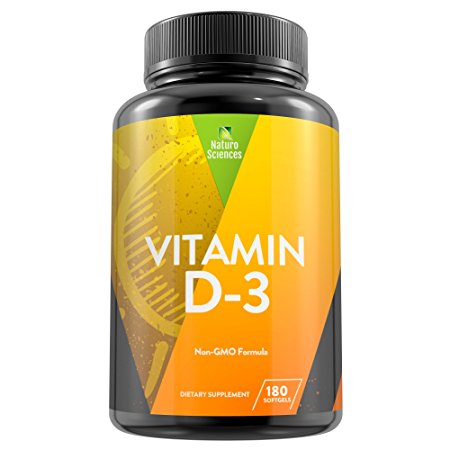 Vitamin D3 5000 IU Dietary Supplement By Naturo Sciences - Non GMO Formula Made with Extra Virgin Coconut Oil - Supports The Immune System, Aids Dental Health & Helps Maintain Strong Bones - 180 Sgels