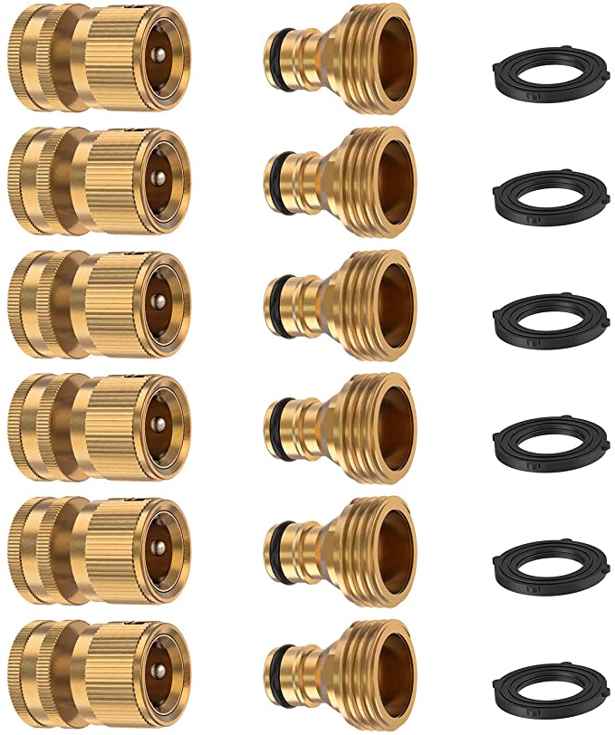 Kupton Garden Hose Quick Connect Fittings, 3/4 Inch GHT Brass Quick Release Water Hose Connector Male and Female Set (6 Sets)