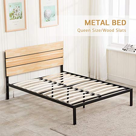 LAGRIMA 11.8 Inch Metal Platform Bed Frame | with Wooden Headboard | Wooden Slat Support | Mattress Foundation | Easy Assembly, Queen