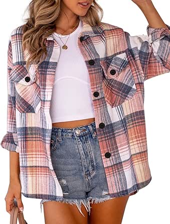 Trendy Queen Womens Flannel Shacket Casual Jacket Plaid Button Down Long Sleeve Shirt Fall Winter Outfits