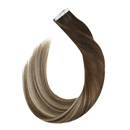 Ugeat 14 Inch Balayage Tape in Remy Hair Extensions 20pcs/50g Dark Brown Fading to Medium Brown Mixed with Blonde Ombre Brazilian Skin Weft Double Sided Tape on Hair Extensions Real Human Hair