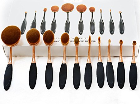 Nadula Oval Makeup Brush Set 10 Pieces Professional Foundation Concealer Blending Blush Liquid Powder Cream Cosmetics Brushes, Toothbrush Contour Makeup Tools For Face and Eyes (black golden)