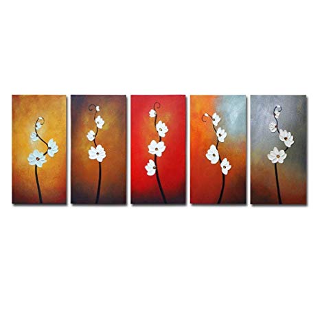 Wieco Art Large Modern Colorful Flowers Artwork 5 Piece 100% Hand Painted Framed Contemporary Abstract Floral Oil Painting on Canvas Wall Art Ready to Hang for Living Room Bedroom Home Decorations