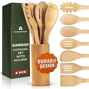 Bamboo Wooden Spoons for Cooking 7 PCs with Holder – Wooden Cooking Utensils   Holder for Nonstick – Wooden Utensil Set – Easy to Clean, Sturdy, Lightweight & Heat Resistant