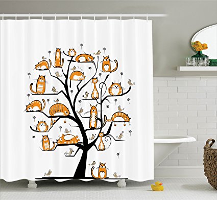 Ambesonne Cat Lover Decor Collection, Cat Family Tree With Birds Crowd Fluffy Nature Purebred Creative Humorous Funny Art, Polyester Fabric Bathroom Shower Curtain, 84 Inches Extra Long, Mustard Black