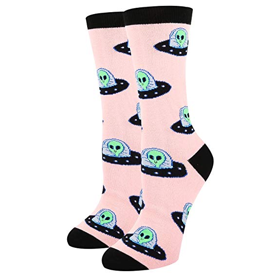 Women's Novelty Crazy Crew Socks Space Hot Lips Socks,Alien Rocket Astronaut Constellation Lipstick Bra Socks