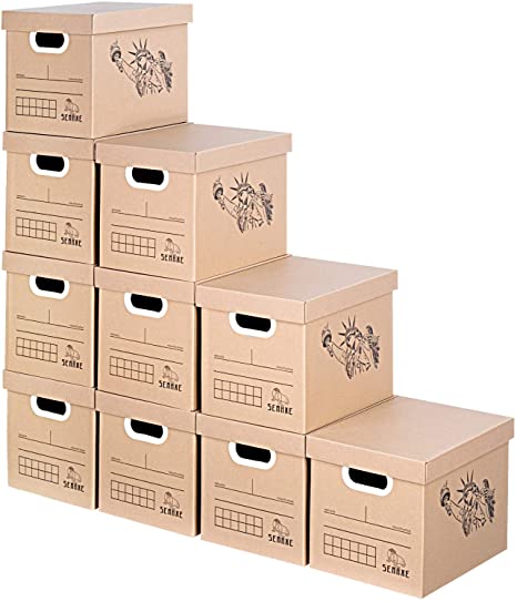 SEMAXE Stroage Carton Boxes with Lift-Off Lid，Portadle File Storage Tape-Free Assembly Moving Boxes, 10-Pack,14" x 11" x 10"