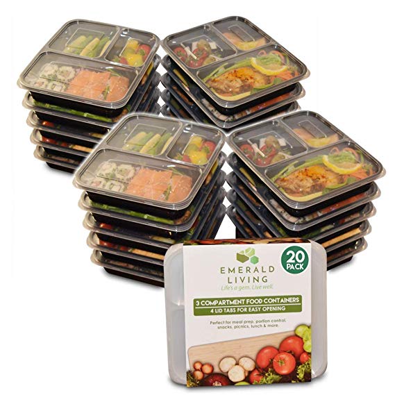 [20 pack] 3 Compartment BPA Free Meal Prep Containers. Reusable Plastic Food Containers & Lids. Stackable, Microwavable, Freezer & Dishwasher Safe. Bento Box/Lunch Box Container Set   EBook [36 oz]