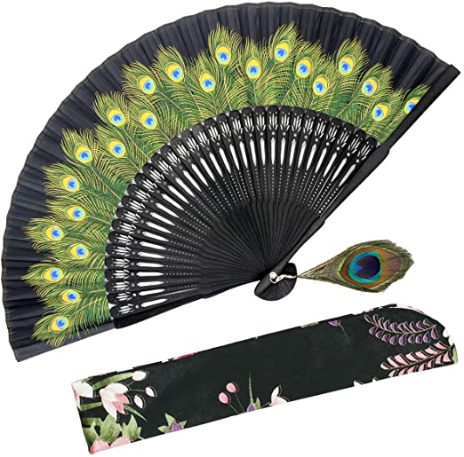 OMyTea Hand Held Folding Fan for Women Peacock Chinese Japanese Oriental Asian Style - for Wedding, Dancing, Church, Party, Gifts (Black)