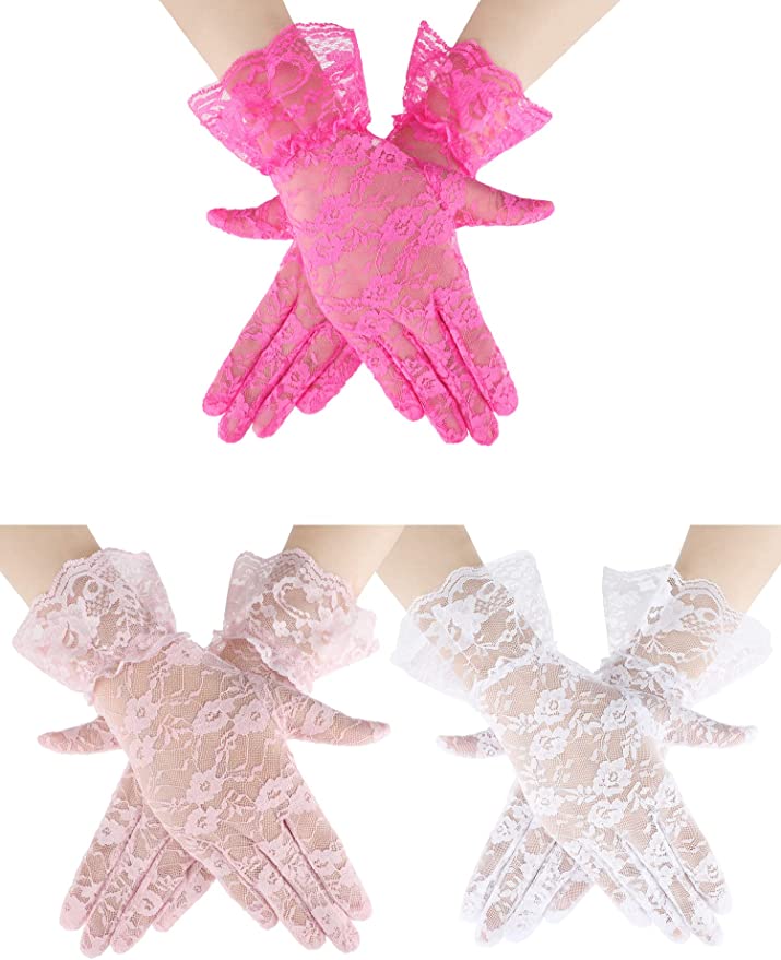 Skylety 3 Pairs Women Lace Floral Gloves Elegant Short Lace Gloves Ladies Tea Party Gloves for Opera Wedding Diner Party