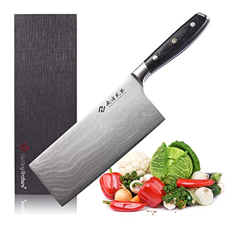 Damascus Cleaver Knife, 7.2” Stainless Steel Chinese Chef Knives Vegetable Knife with Wooden Handle, Multipurpose Use for Kitchen or Restaurant
