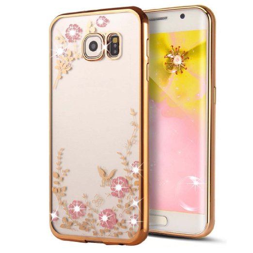 Galaxy S7 Edge Case, Ebest Glitter Electroplate Bumper Bling Butterfly Garden Soft TPU Silicone Flip Back Cover Case for Samsung Galaxy S7 Edge, Gold Bumper Pink Flower