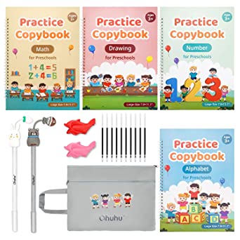 Large Magic Practice Copybook for Kids: Ohuhu Reusable 4 Packs Handwriting Copy Book for Toddler Writing Tracing Workbook With Disappearing Ink Pen for Kindergarten Preschool Grooved Handwriting Books