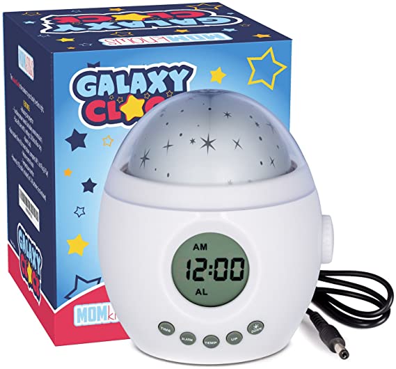 Galaxy Clock by MomKnows. Soothing Star Projector Sound Machine. Relaxing Night Light With Nature Sounds and White Noise. Kids Baby Ceiling Projection Alarm Clock Lamp