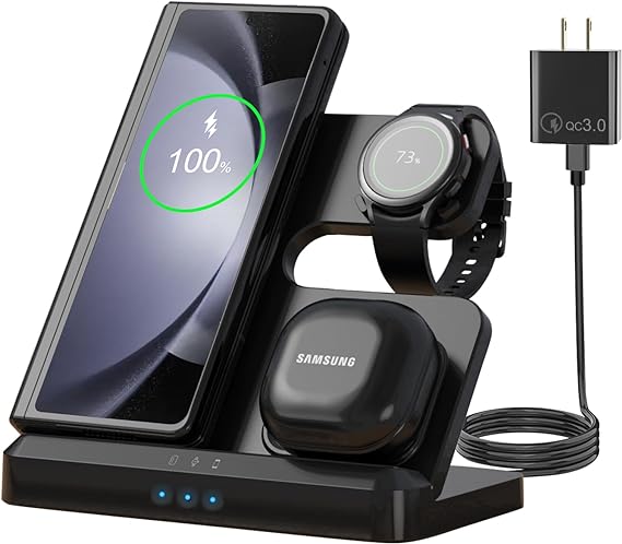 Wireless charger for samsung,3 in 1 fast wireless charging station for samsung Galaxy S23 Ultra S23 S22 S21 Z Fold5/4 Z Flip5/4,wireless Watch Charger Galaxy watch 6 classic 5pro/4/3,Galaxy Buds Black