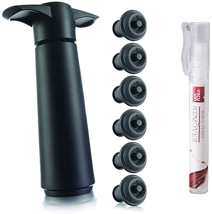 The Original Vacu Vin Wine Saver with 6 Vacuum Stoppers - Black| 1 Vacu Vin Stain Remover Pen | A Natural Portable Stain Treater To Go on Clothes | Easy to use on Wine Spills, Coffee | 56200541-TBL